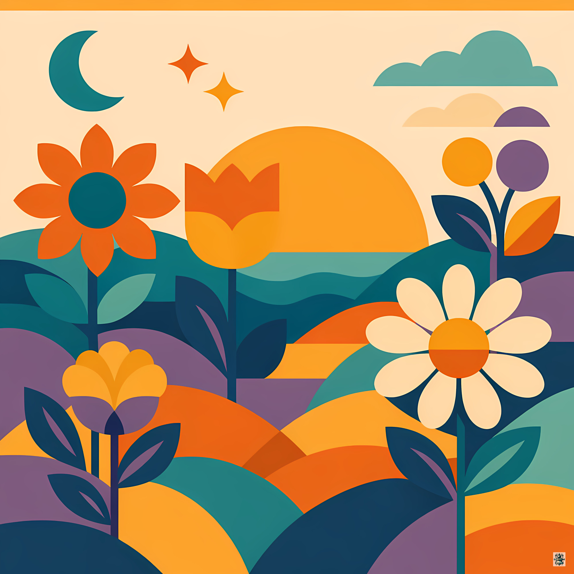 Geometric Floral Landscape with Sun and Moon