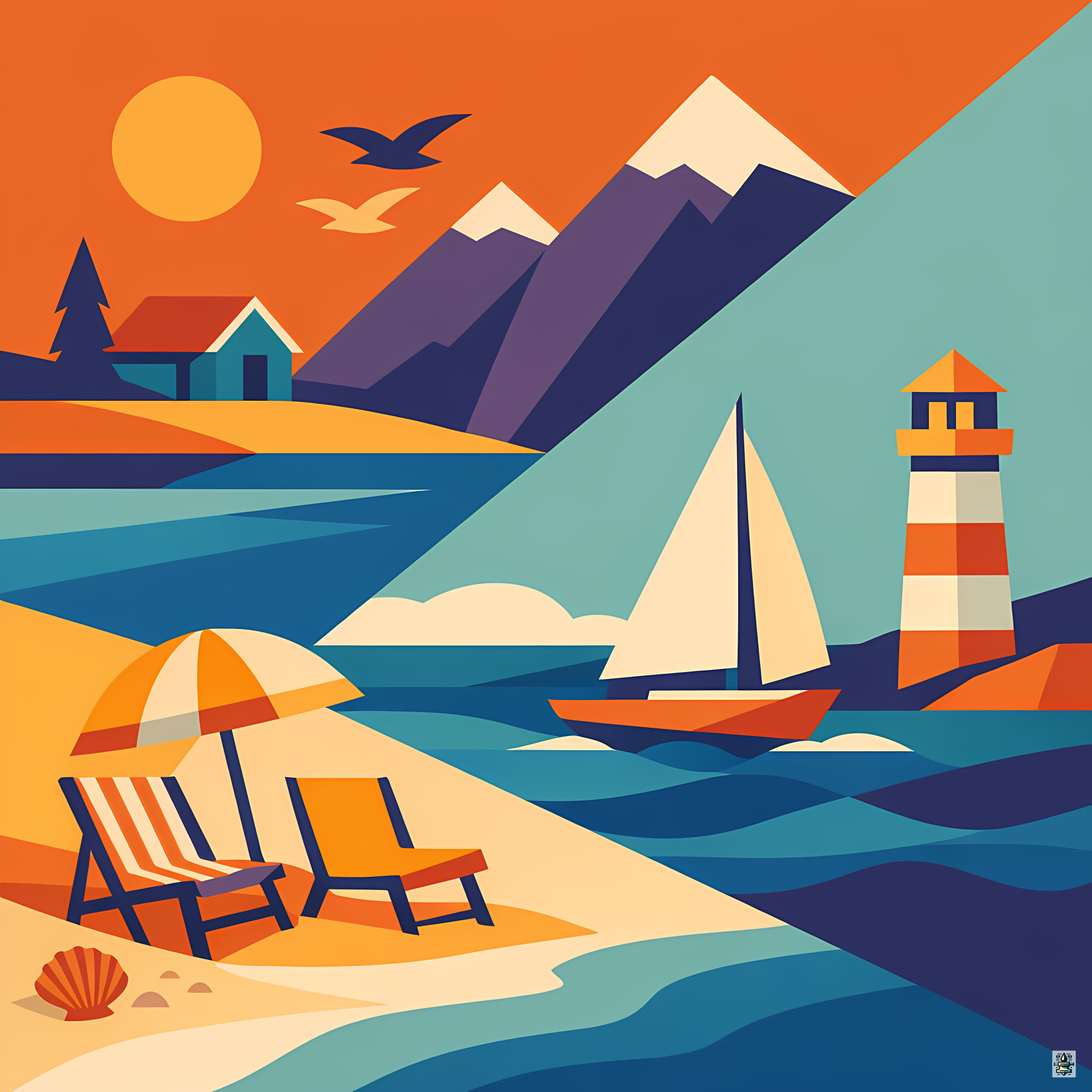 Minimal Coastal Yacht and Lighthouse Scene