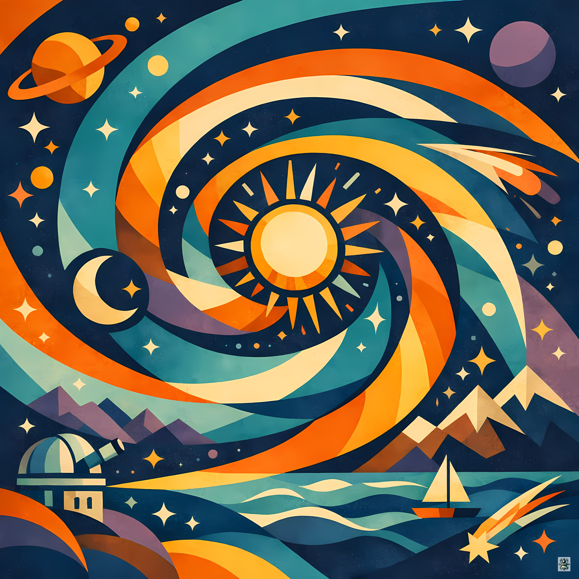 Swirling Celestial Landscape with Sun and Moon
