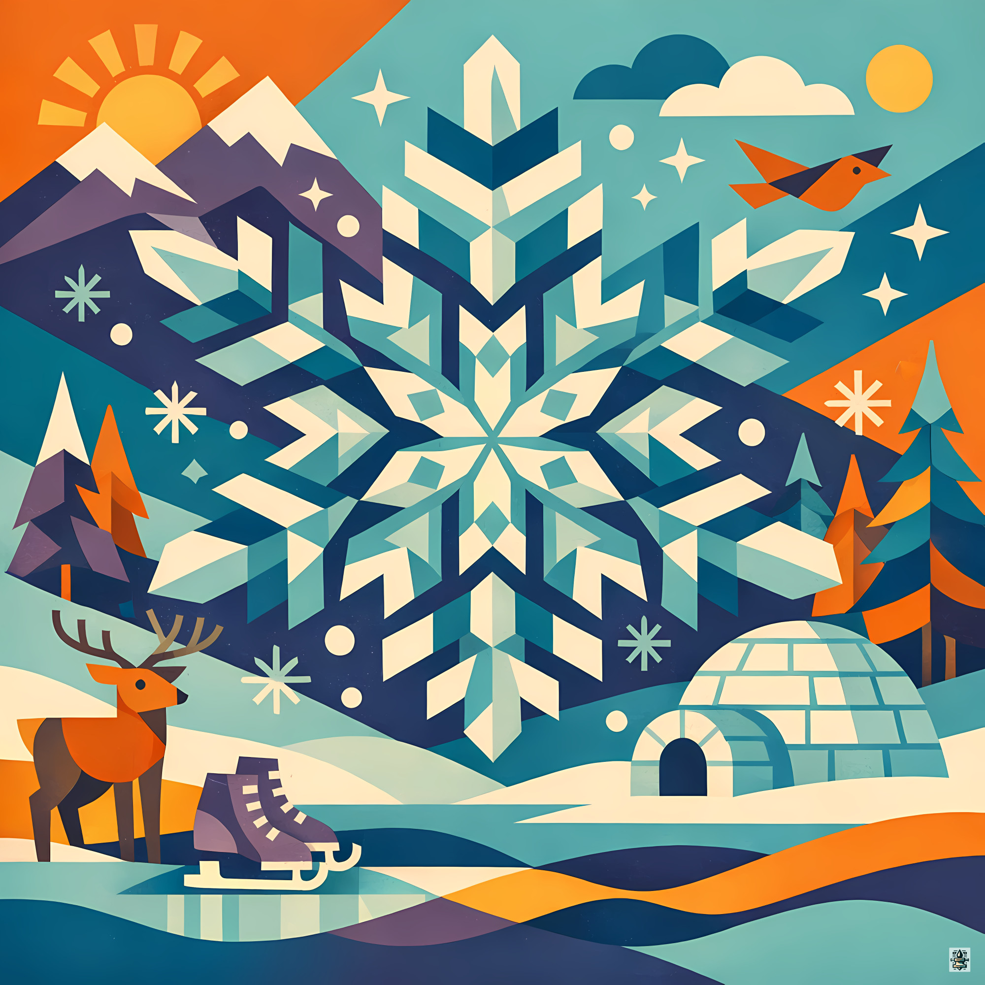 Geometric Snowflake Winter Landscape