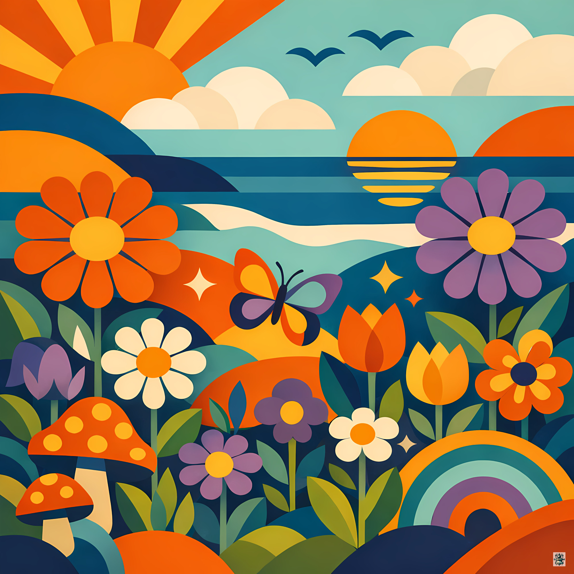 Groovy Daisy Garden with Sunset and Rainbow