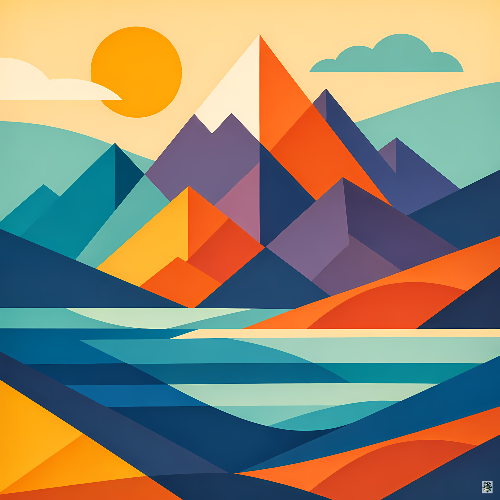 Geometric Mountain Lake at Sunset