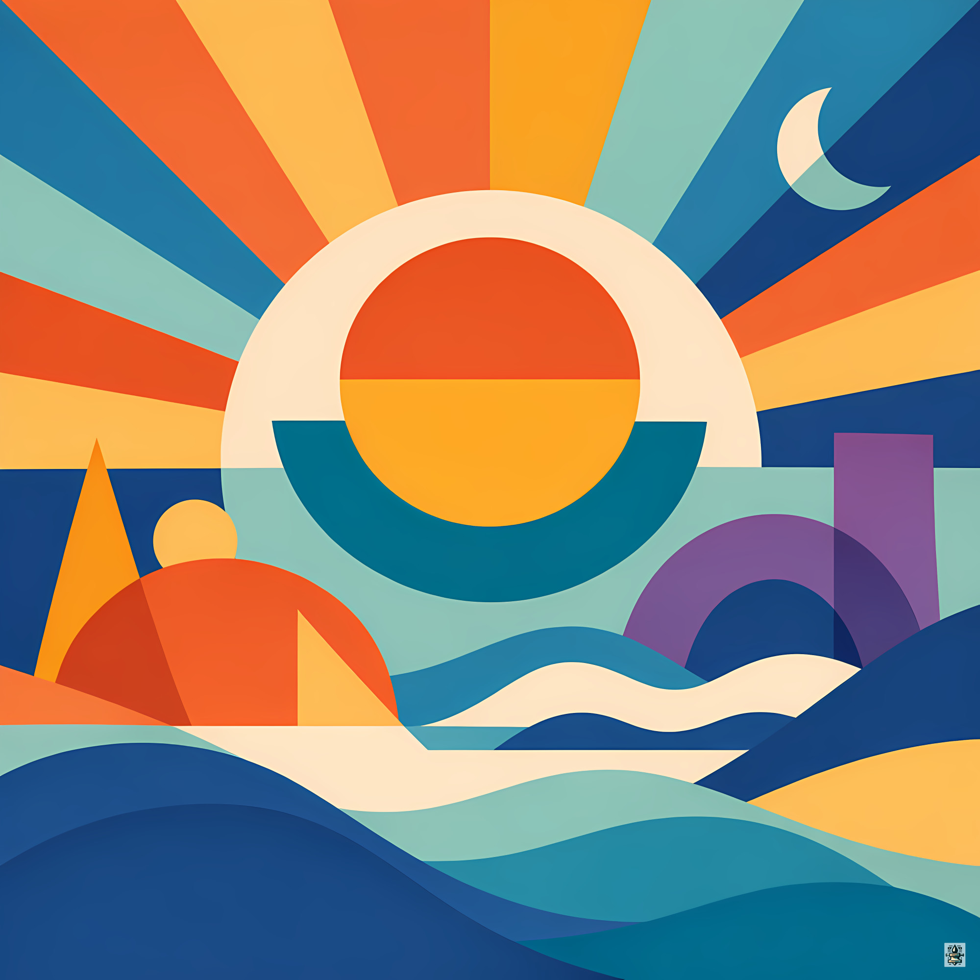 Geometric Sun and Moon Festival Landscape