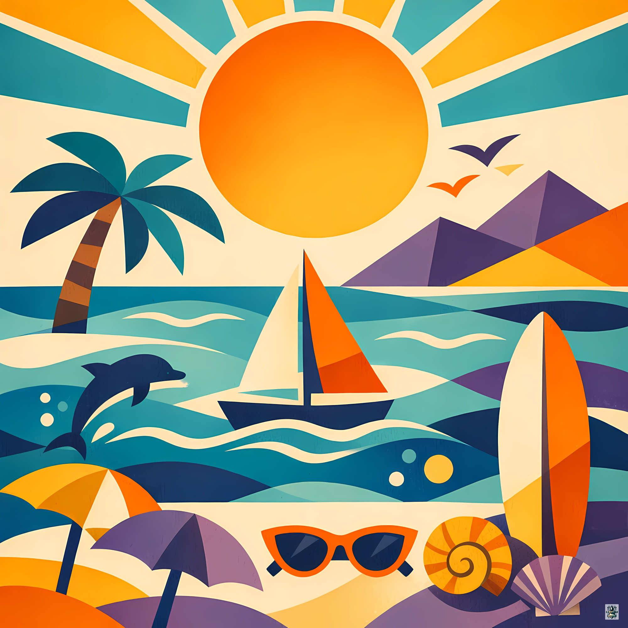 Geometric Seaside with Yacht, Dolphin and Sun