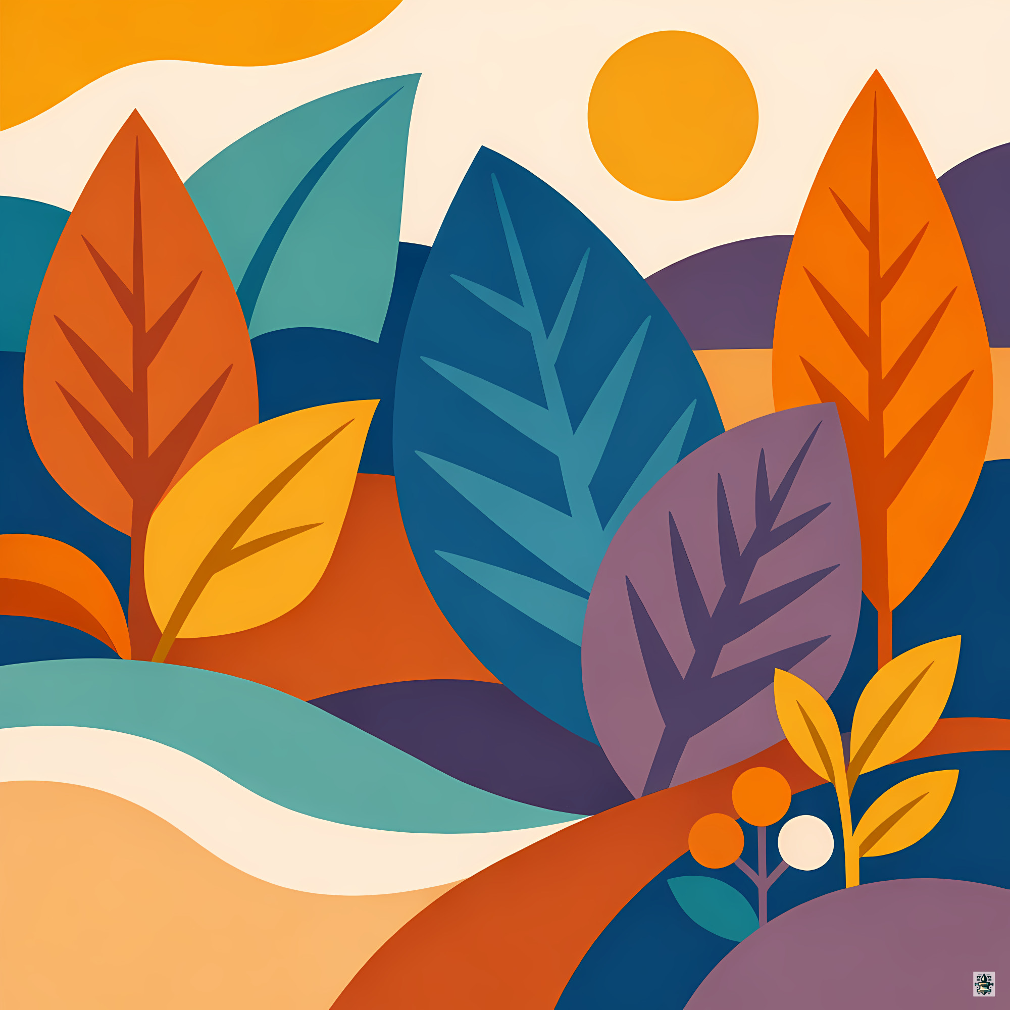 Geometric Botanical Leaves with Sunlit Hills