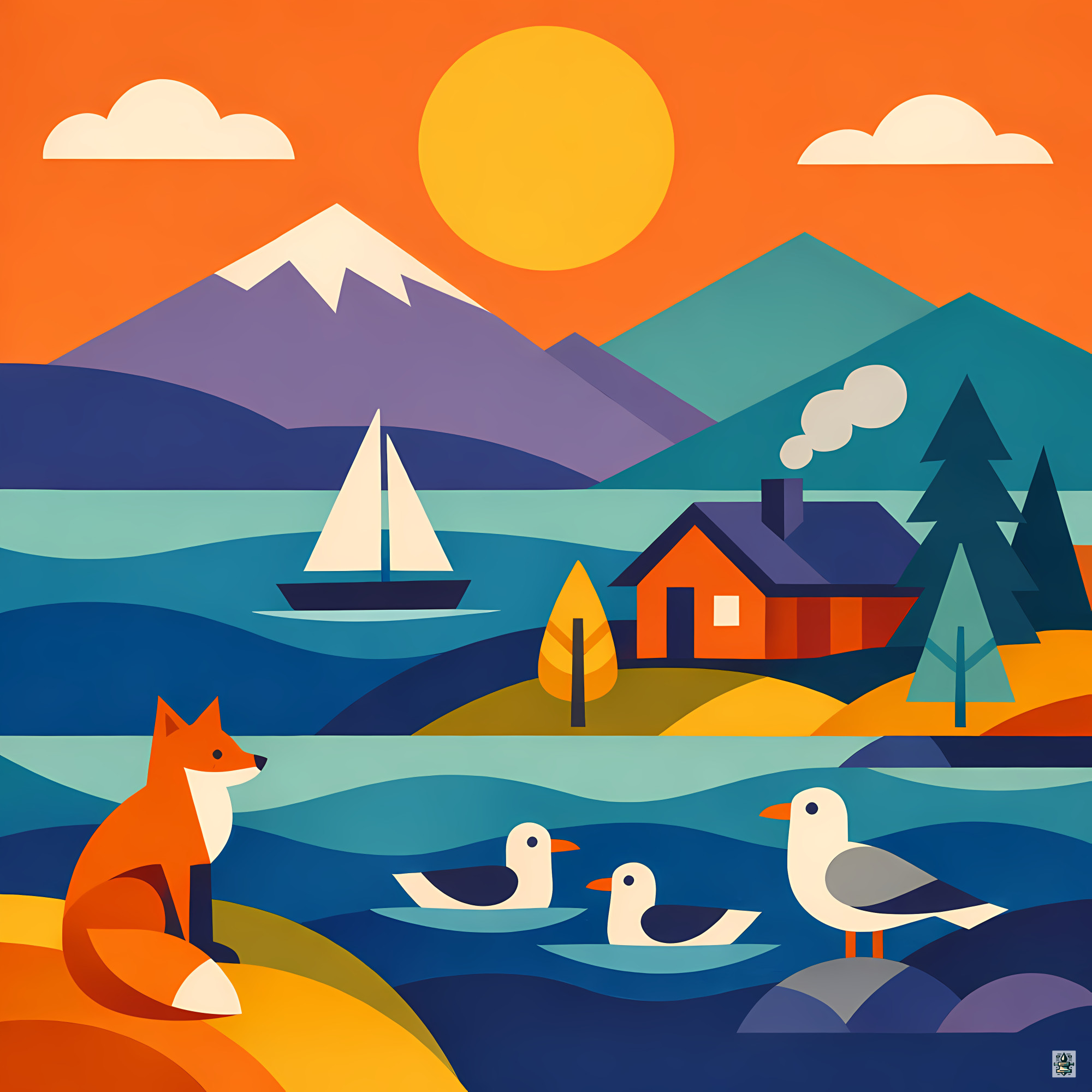 Scandi Lake Landscape with Fox, Yacht and Cabin