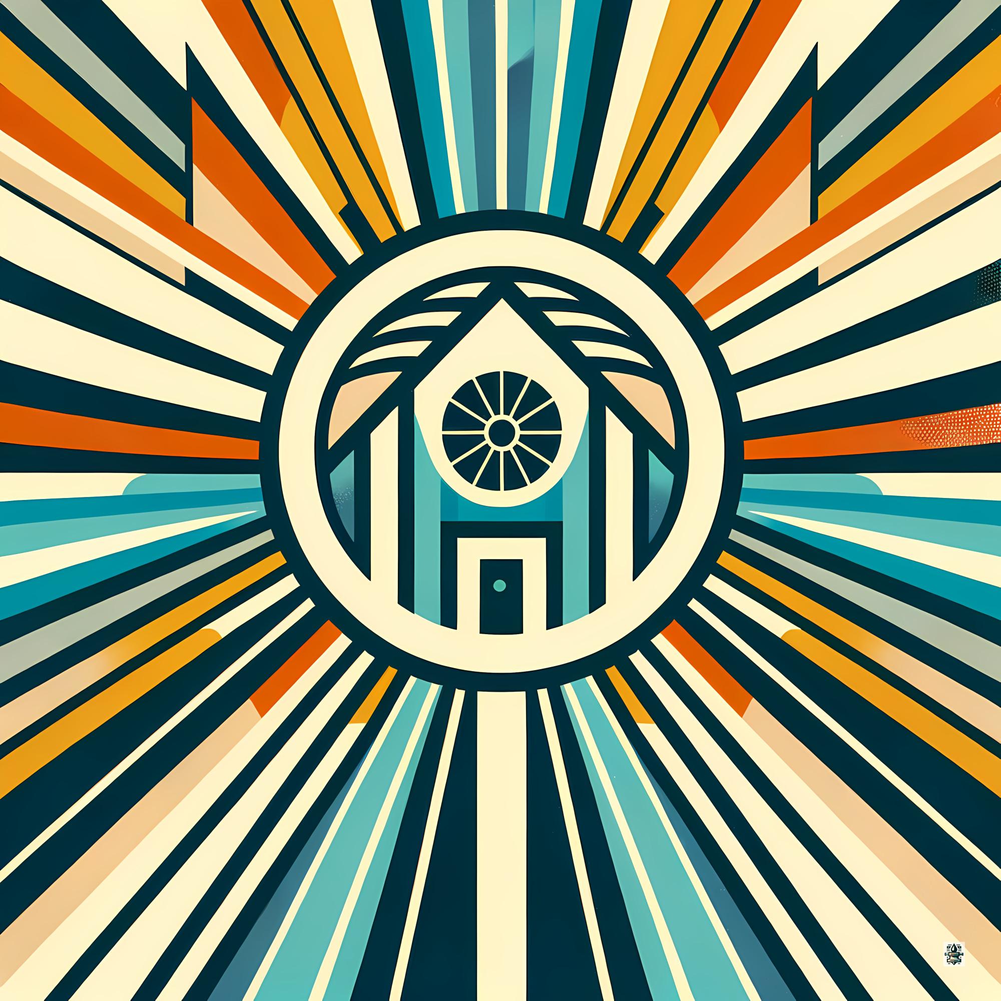 Retro Geometric House Sunburst in Teal and Orange