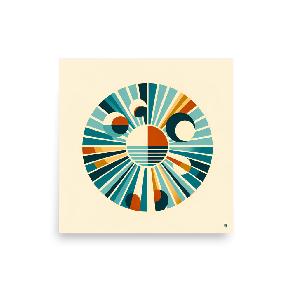 Retro Geometric Sunburst Circles in Teal and Orange — Art Print