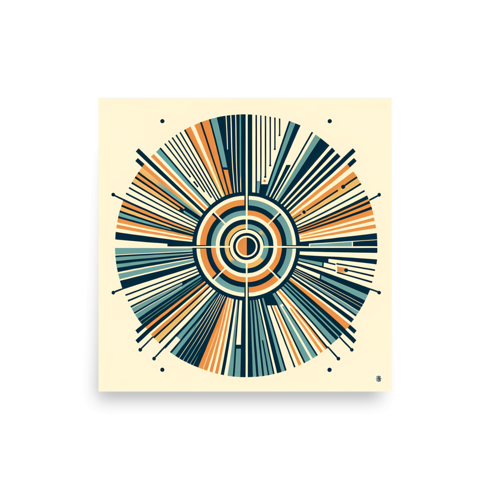 Retro Geometric Sunburst Circle in Teal and Orange — Art Print