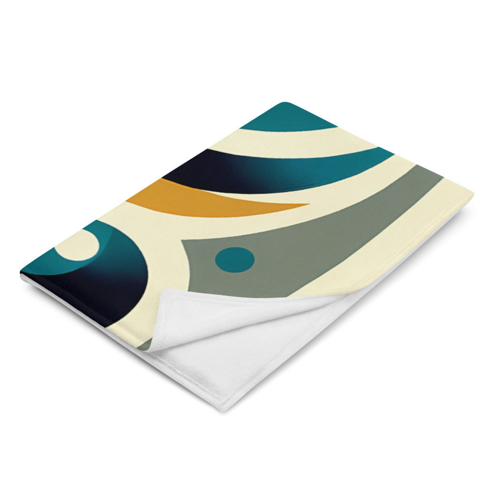 Retro Geometric Fish with Bubbles in Teal and Ochre