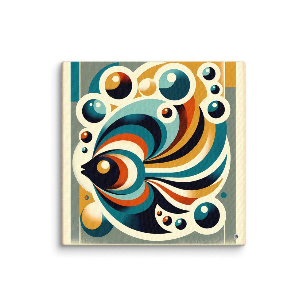 Retro Geometric Fish with Bubbles in Teal and Ochre — Canvas Print