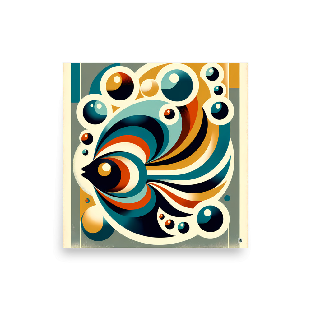 Retro Geometric Fish with Bubbles in Teal and Ochre — Art Print