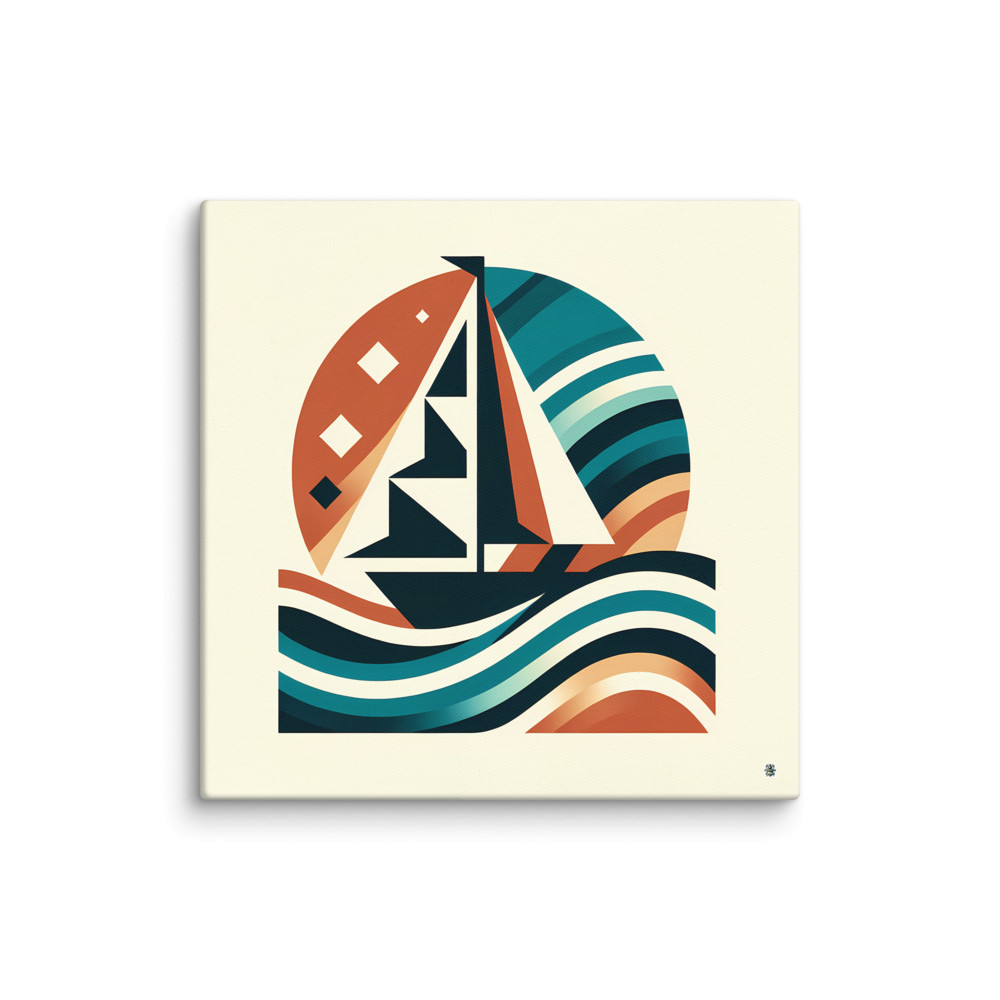 Retro Geometric Sailboat on Teal Waves Sunset — Canvas Print