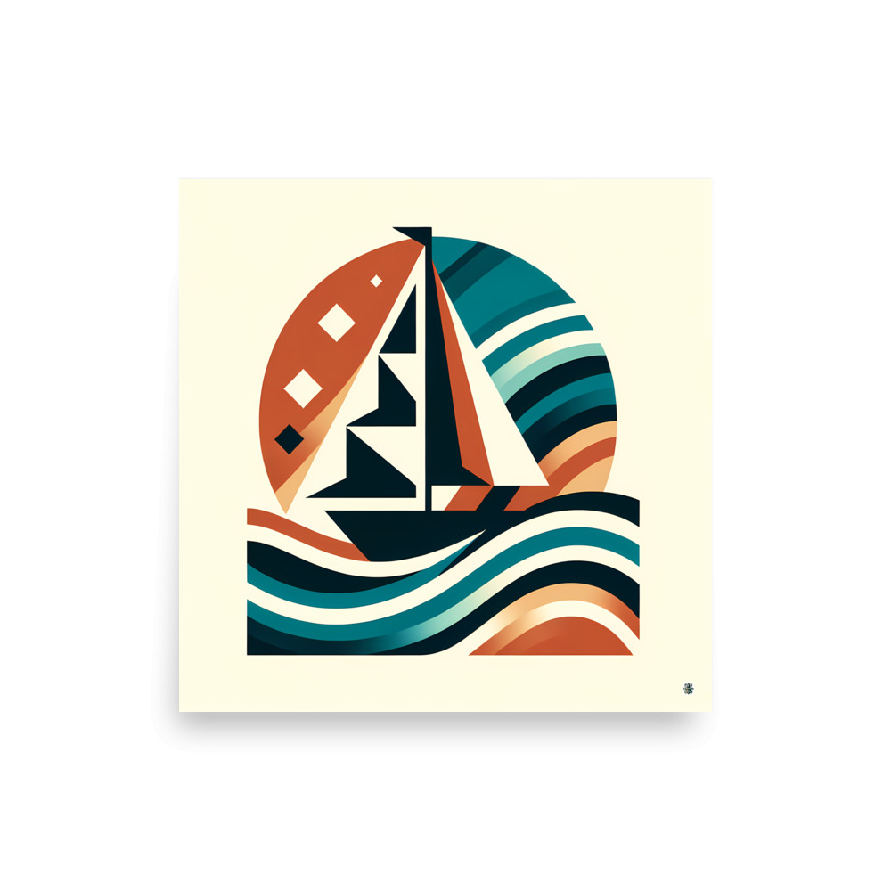 Retro Geometric Sailboat on Teal Waves Sunset — Art Print