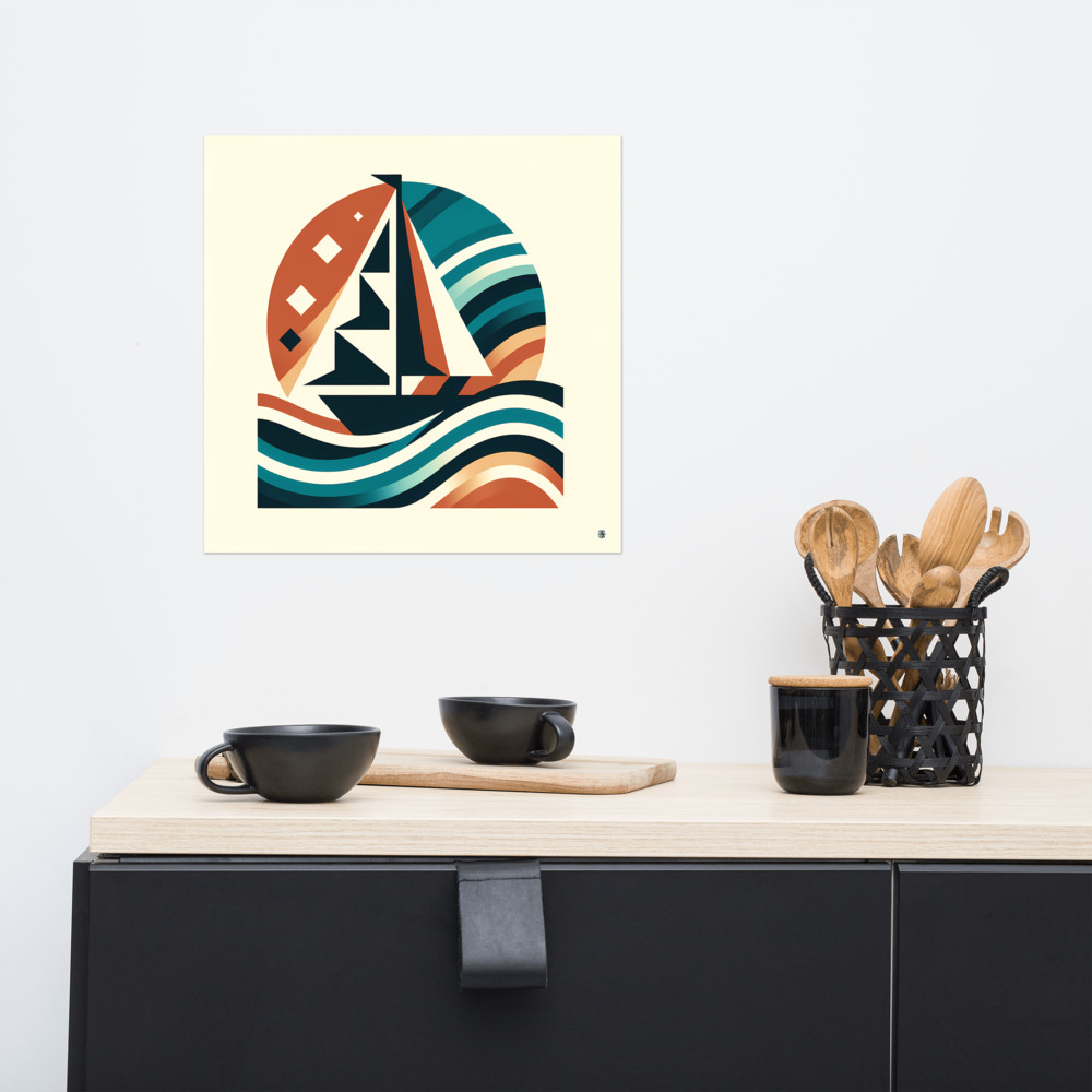 Retro Geometric Sailboat on Teal Waves Sunset