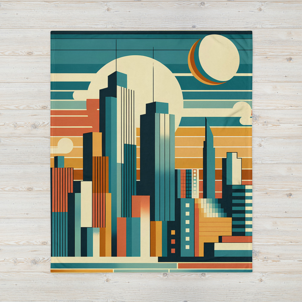 Retro Geometric City Skyline Sunset in Teal and Orange