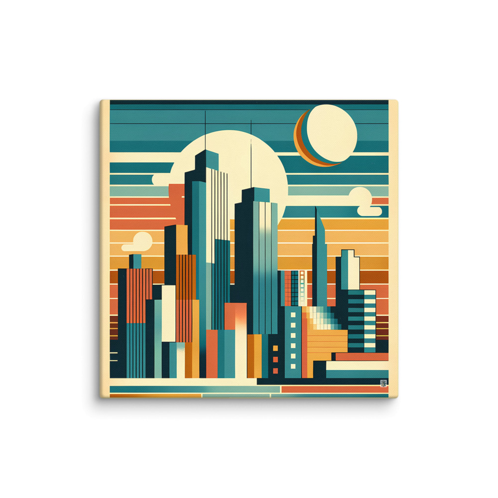Retro Geometric City Skyline Sunset in Teal and Orange