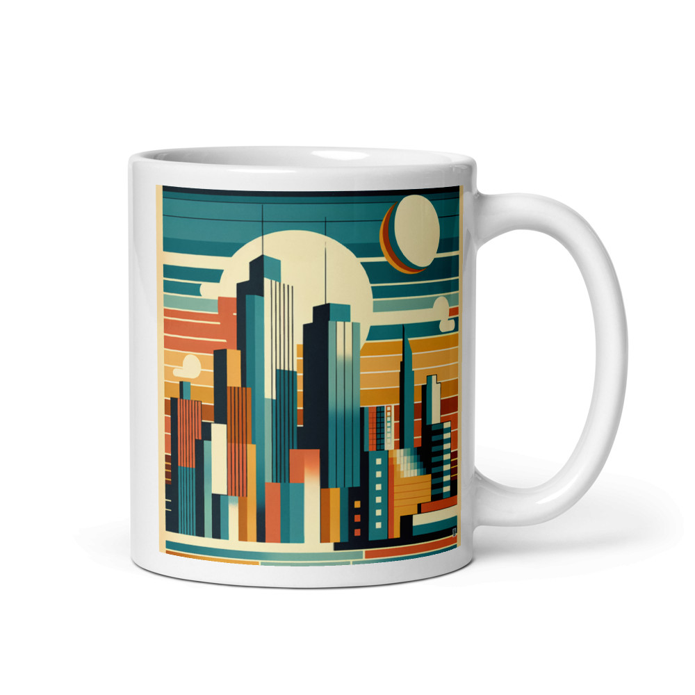 Retro Geometric City Skyline Sunset in Teal and Orange