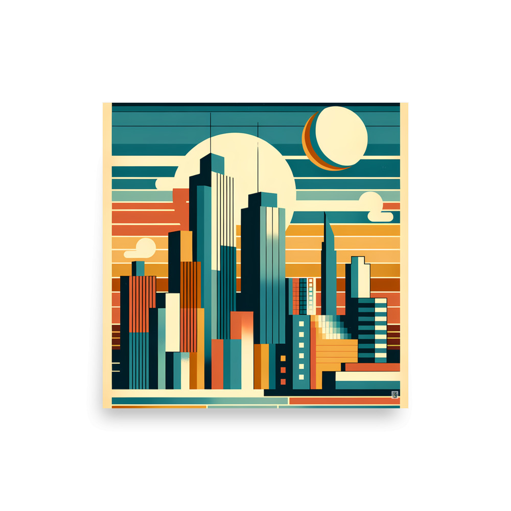 Retro Geometric City Skyline Sunset in Teal and Orange