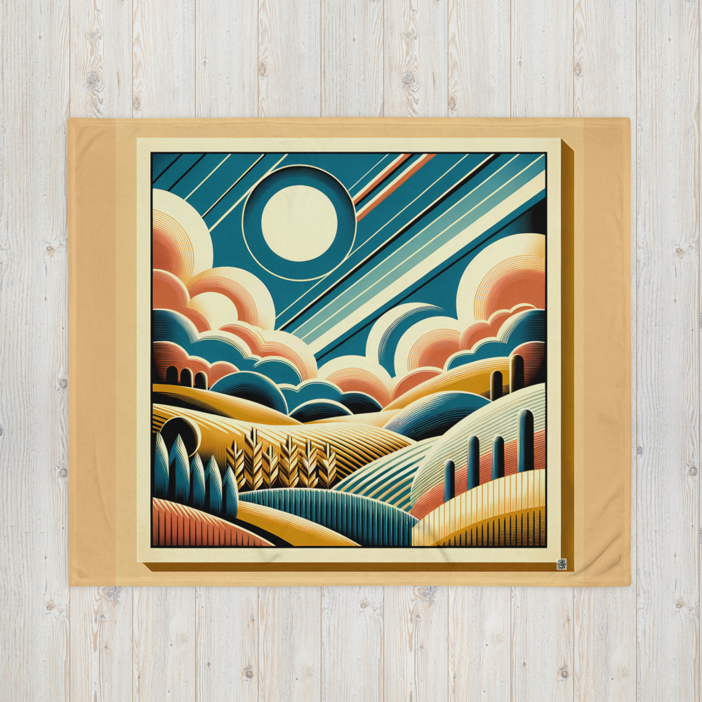 Retro Geometric Sun and Clouds Over Rolling Hills