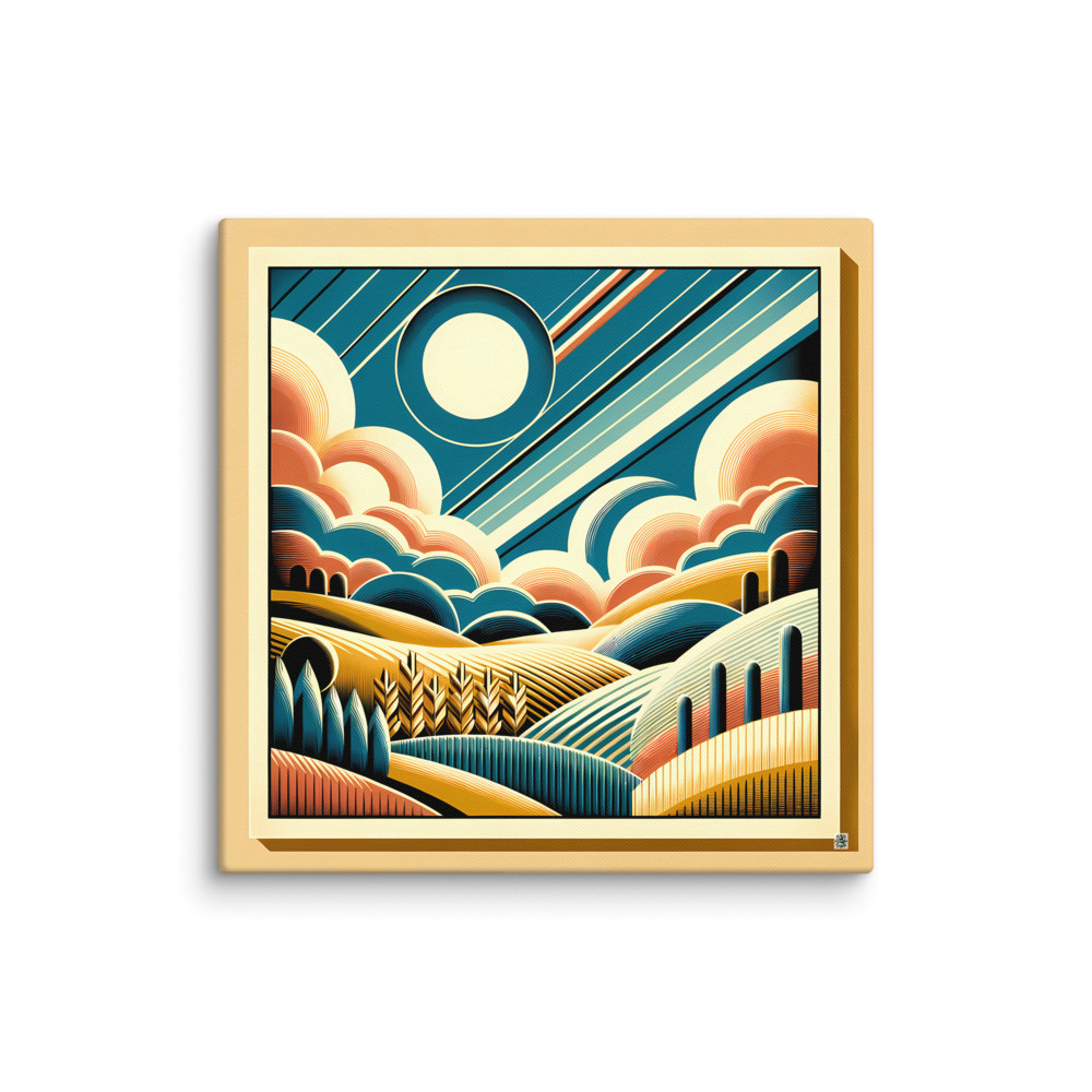 Retro Geometric Sun and Clouds Over Rolling Hills — Canvas Print