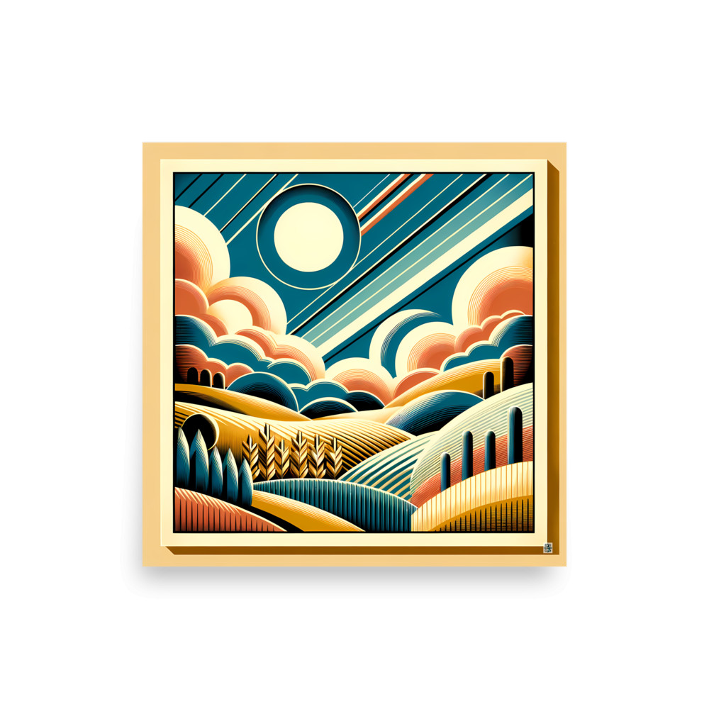 Retro Geometric Sun and Clouds Over Rolling Hills — Art Print