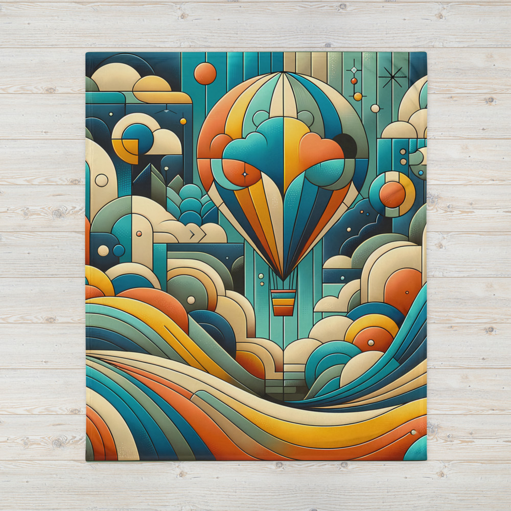 Geometric Hot Air Balloon Over Abstract Clouds
