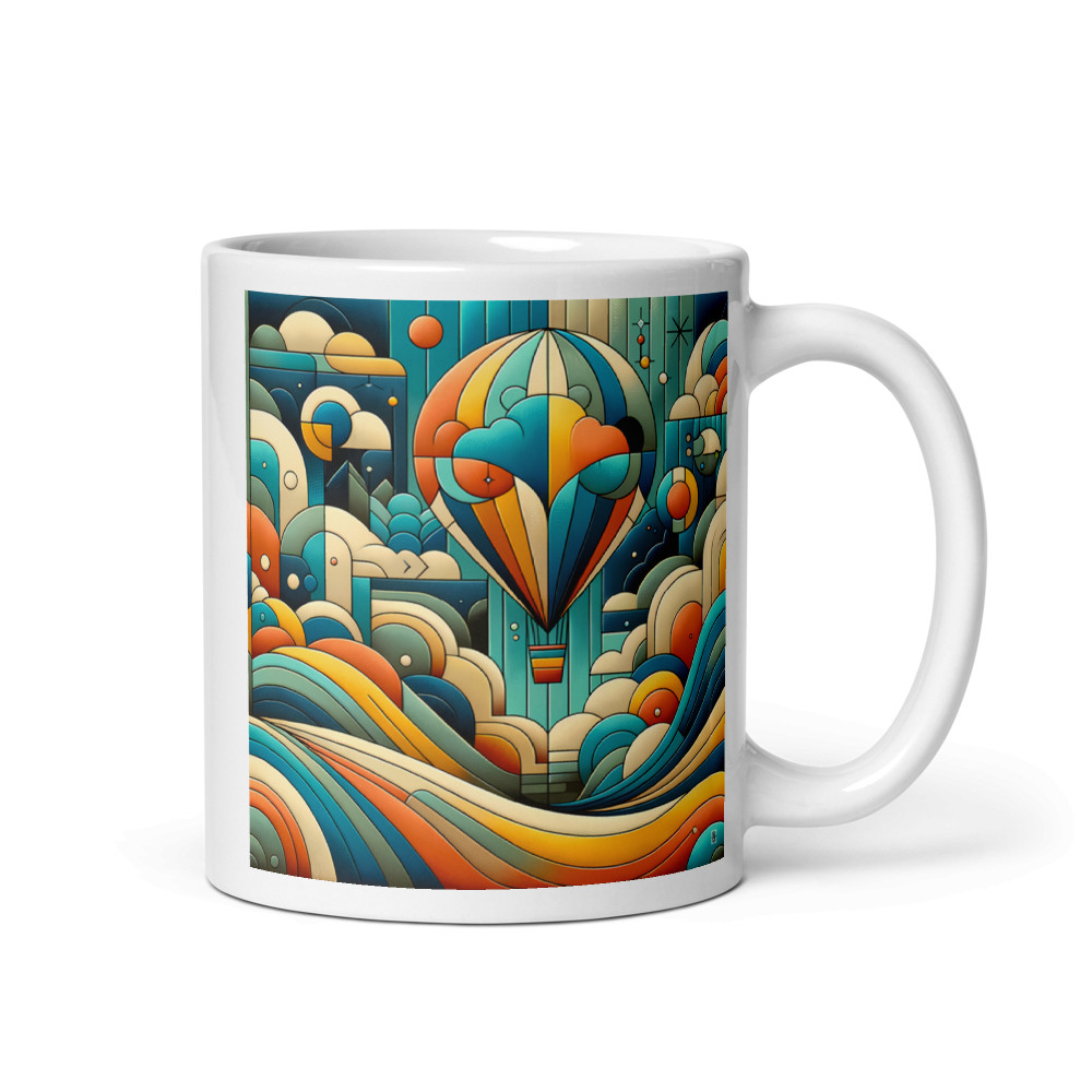 Geometric Hot Air Balloon Over Abstract Clouds