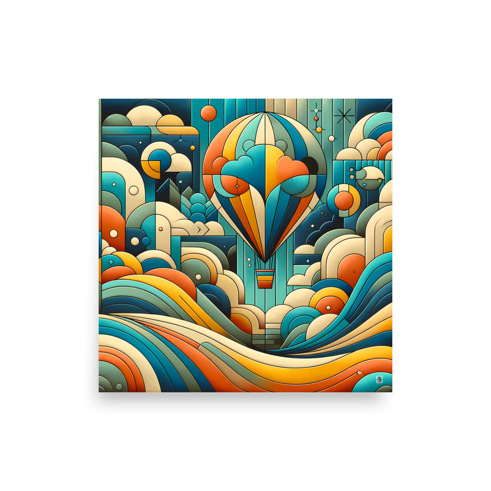 Geometric Hot Air Balloon Over Abstract Clouds — Art Print