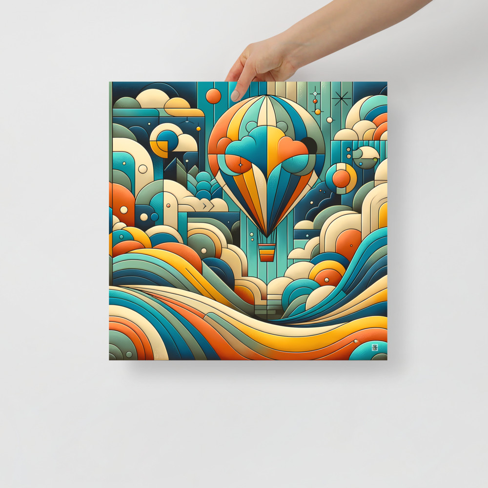 Geometric Hot Air Balloon Over Abstract Clouds