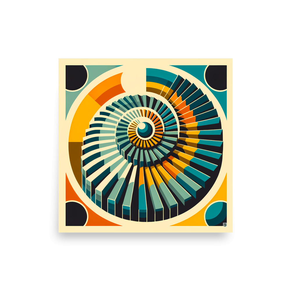Retro Geometric Spiral Sunburst in Teal and Orange — Art Print