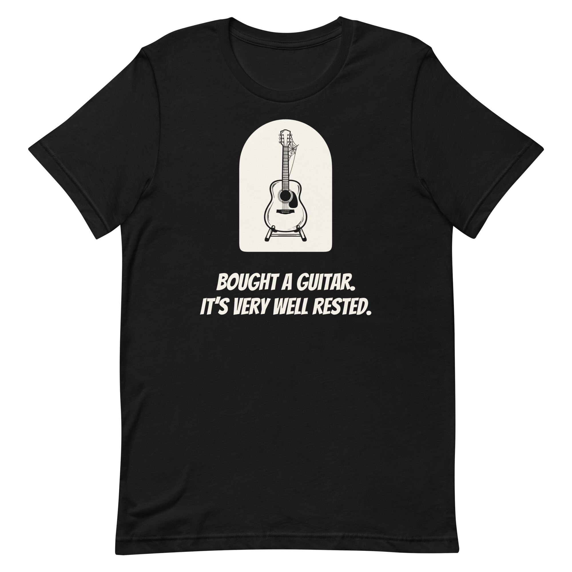 Acoustic Guitar on a Stand with Cobweb, Funny Gift for New Retirees-T-Shirt