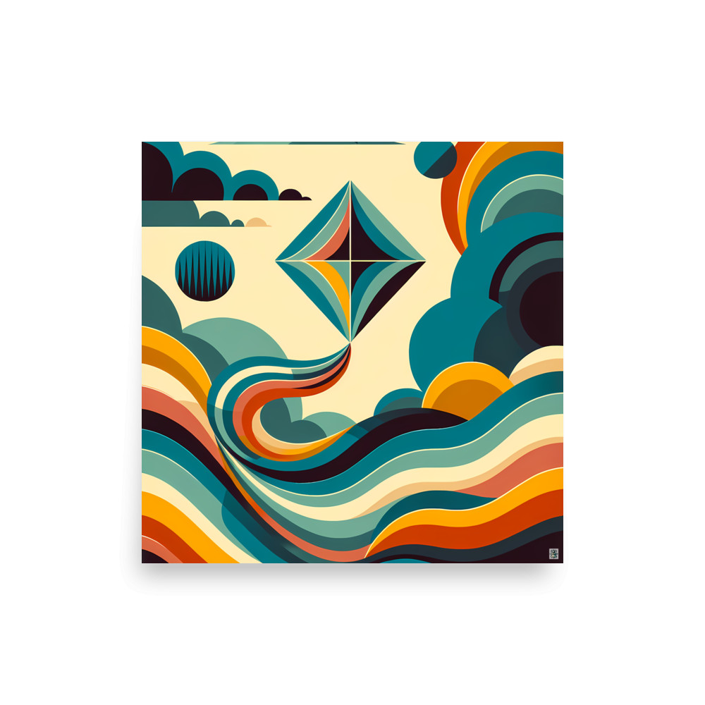 Geometric Kite Over Retro Waves — Art Print