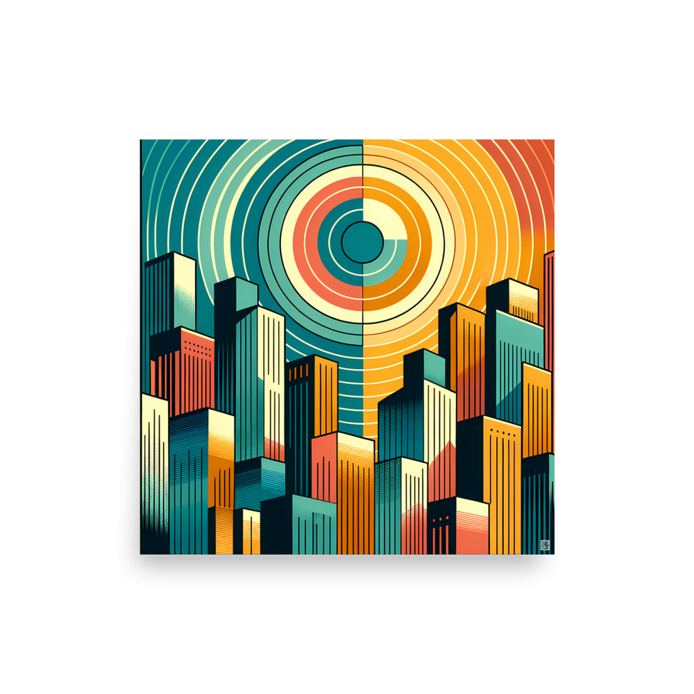 Retro Geometric City Skyline with Concentric Sun — Art Print