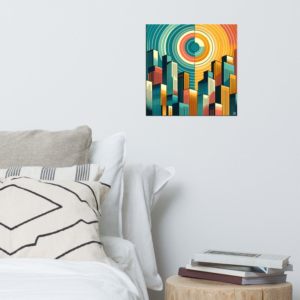 Retro Geometric City Skyline with Concentric Sun