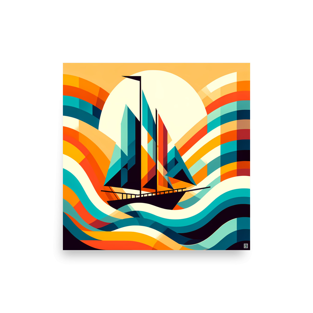 Geometric Sailboat on Colourful Waves — Art Print