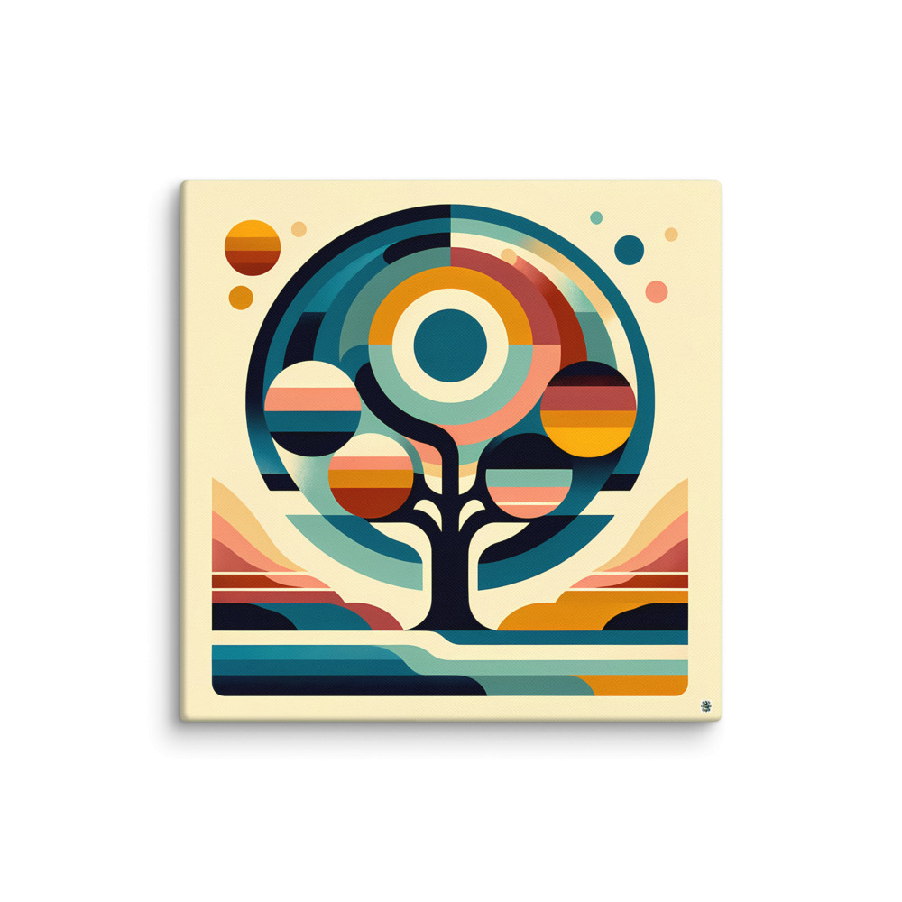 Retro Geometric Tree with Sun and Planet Orbs — Canvas Print