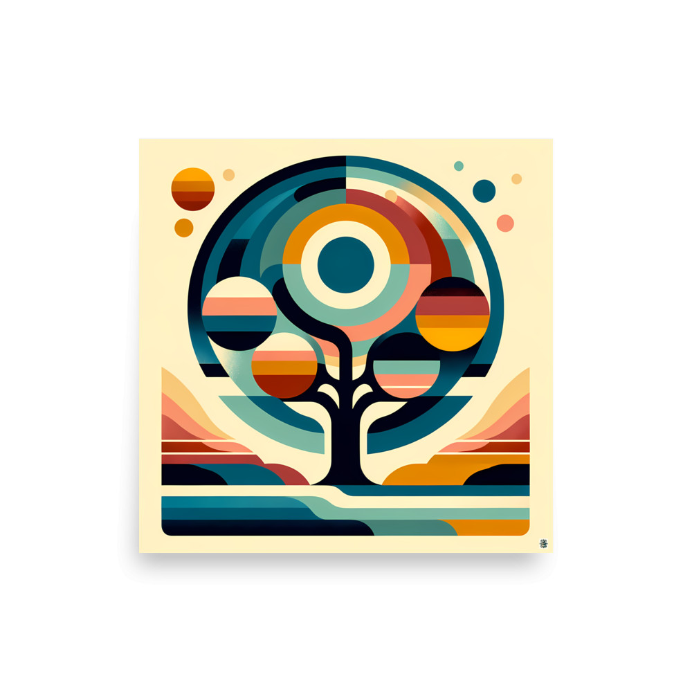 Retro Geometric Tree with Sun and Planet Orbs — Art Print
