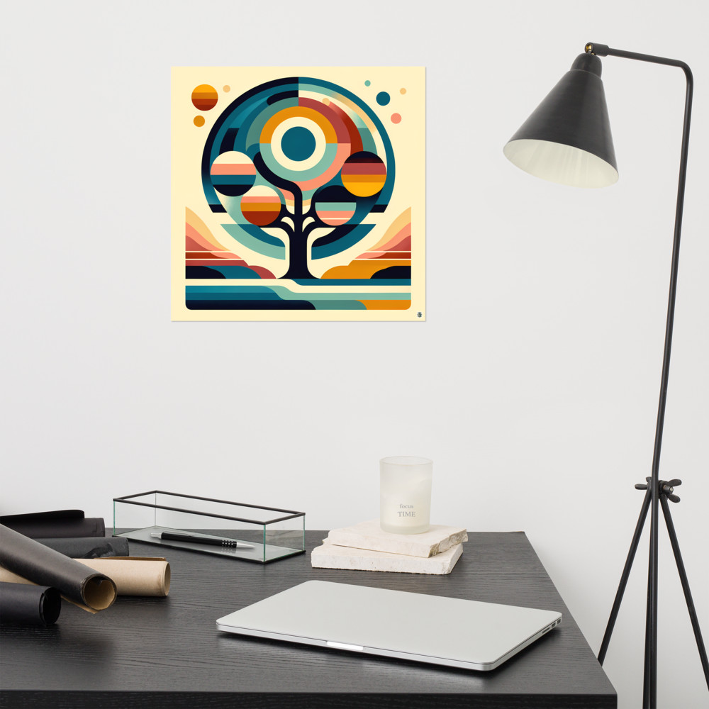 Retro Geometric Tree with Sun and Planet Orbs