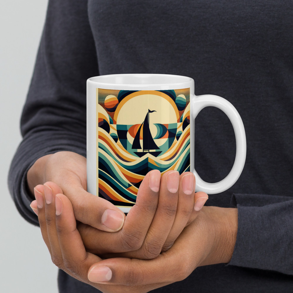Geometric Sailboat Over Stylised Waves