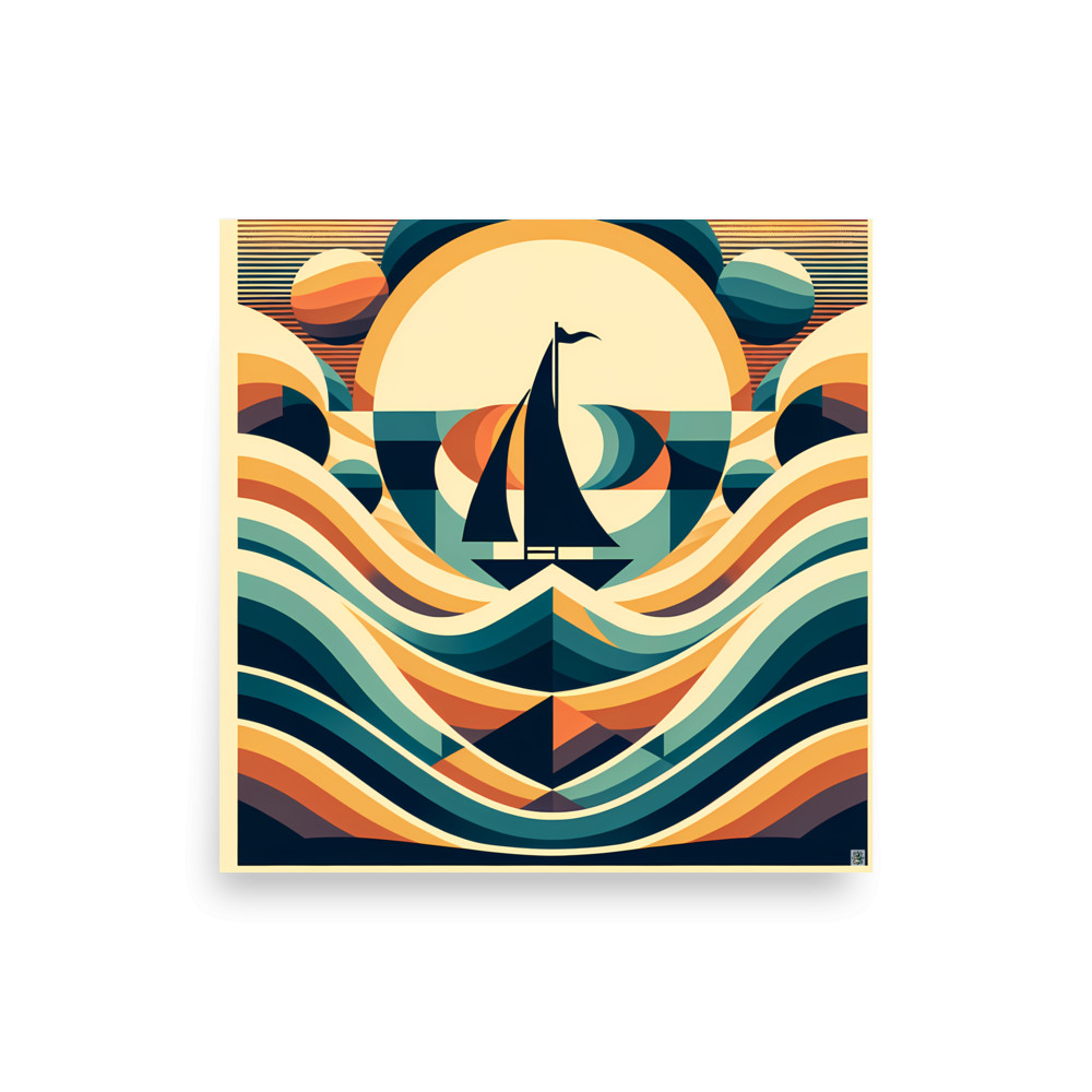Geometric Sailboat Over Stylised Waves — Art Print