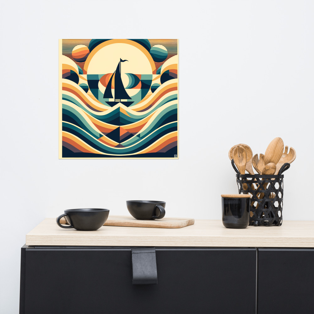 Geometric Sailboat Over Stylised Waves
