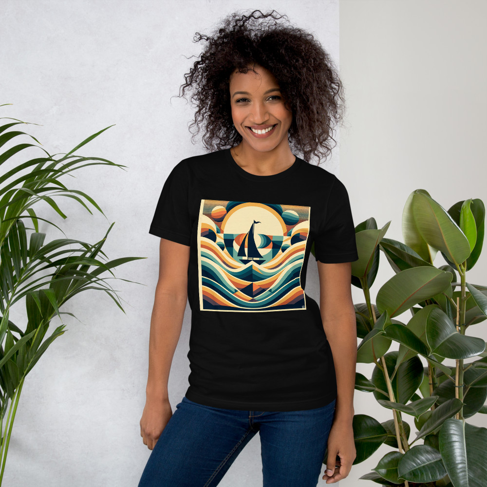 Geometric Sailboat Over Stylised Waves