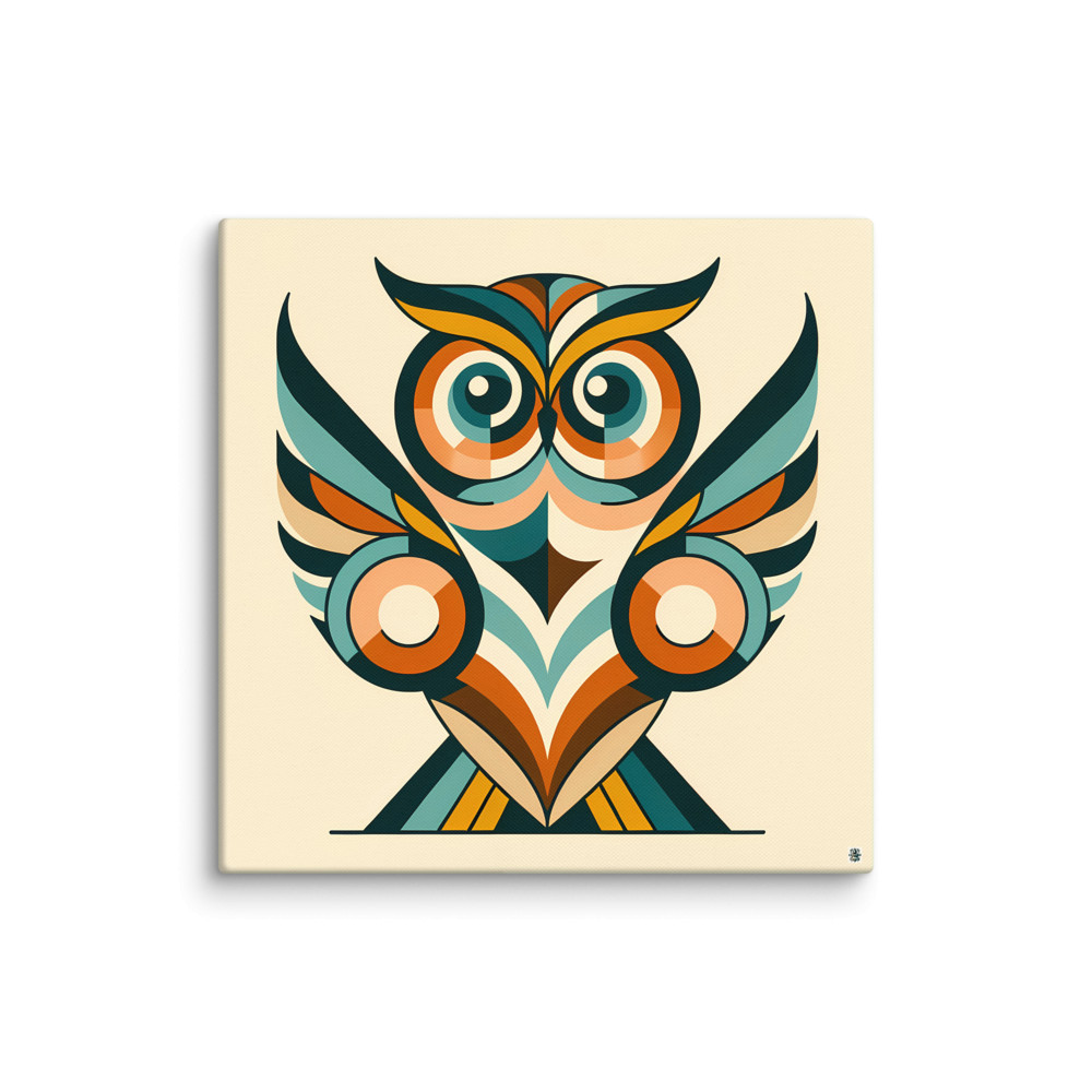 Retro Geometric Owl Illustration in Teal and Orange — Canvas Print