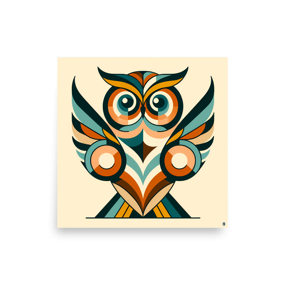 Retro Geometric Owl Illustration in Teal and Orange — Art Print
