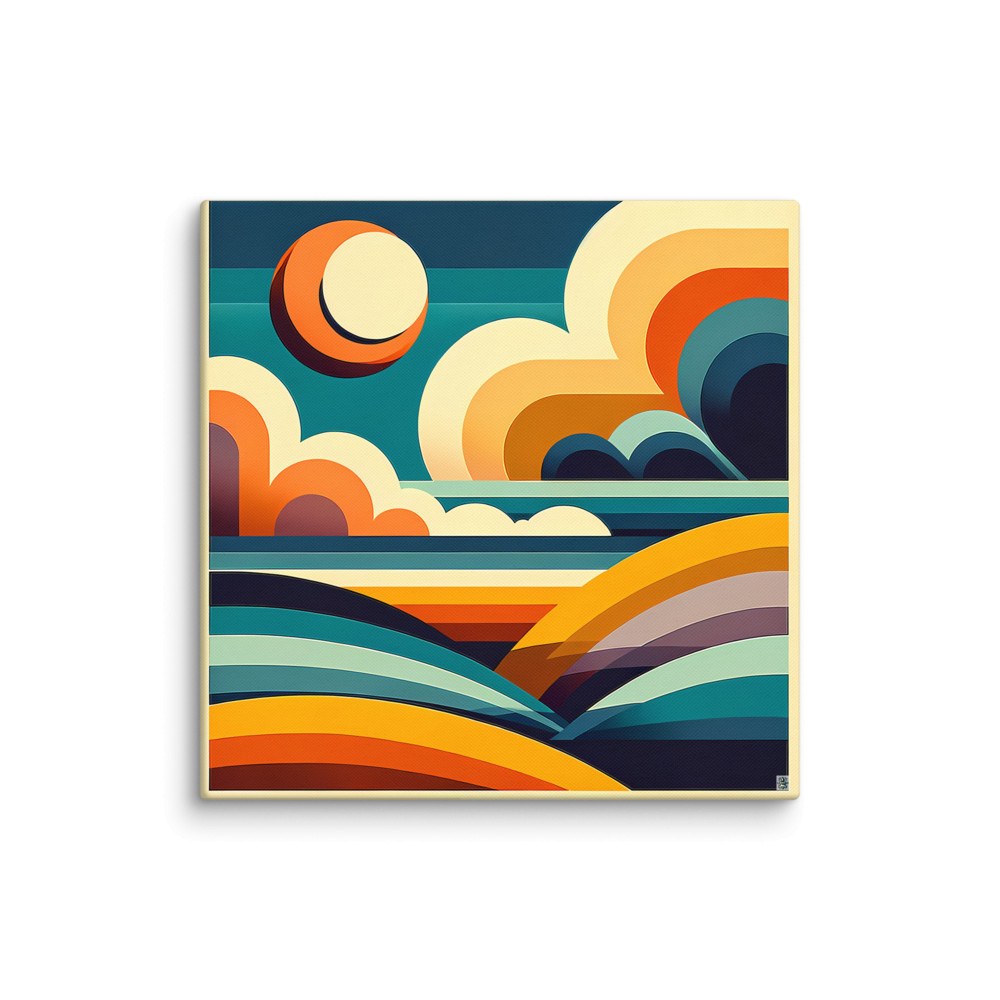 Geometric Sun Over Layered Hills Abstract Landscape — Canvas Print