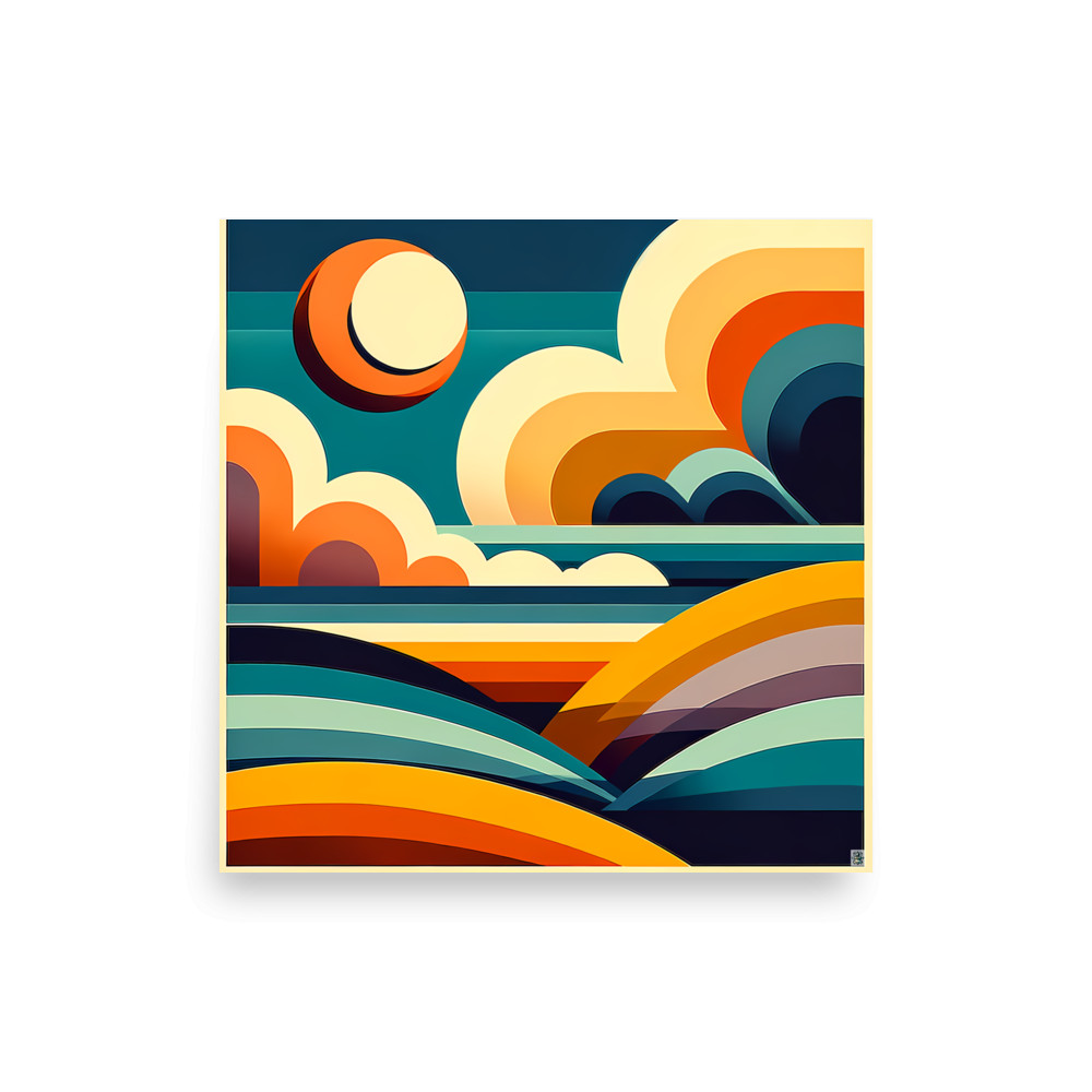 Geometric Sun Over Layered Hills Abstract Landscape — Art Print