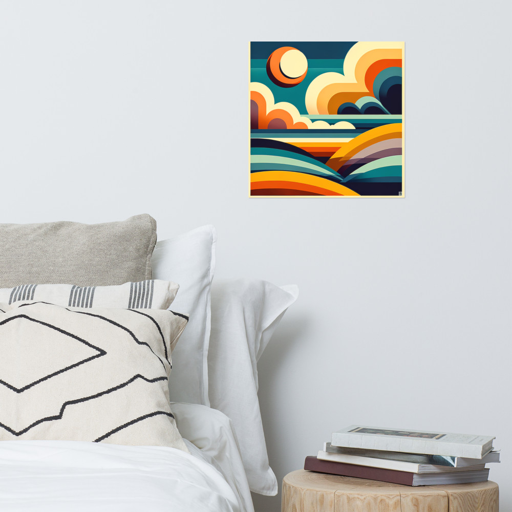 Geometric Sun Over Layered Hills Abstract Landscape