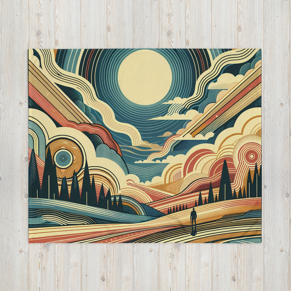 Retro Sunlit Mountain Landscape with Geometric Clouds