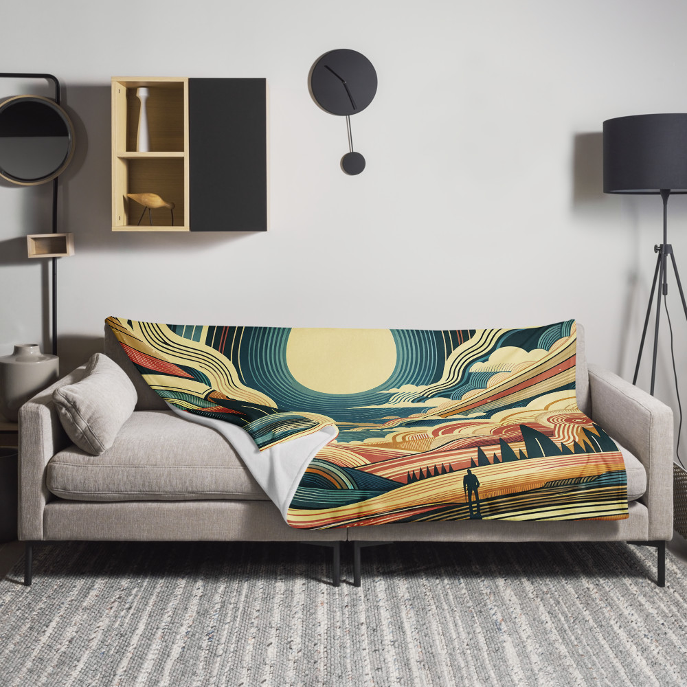 Retro Sunlit Mountain Landscape with Geometric Clouds